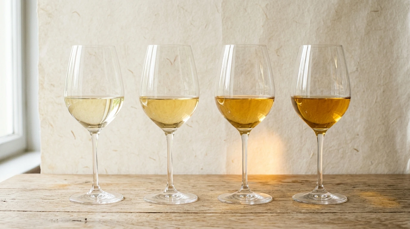 Quatre verres de vin blanc alignés pour une dégustation comparative