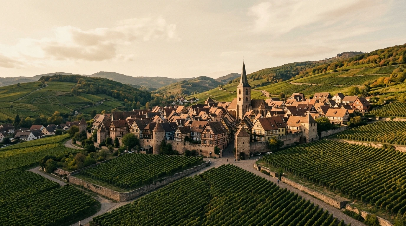 Village viticole alsacien entouré de vignes
