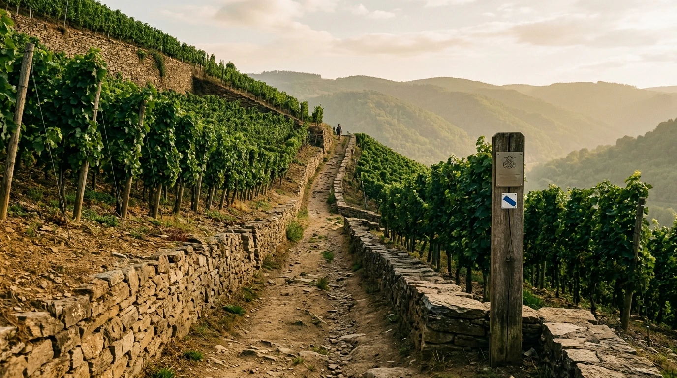 Sentier viticole balisé traversant un grand cru alsacien