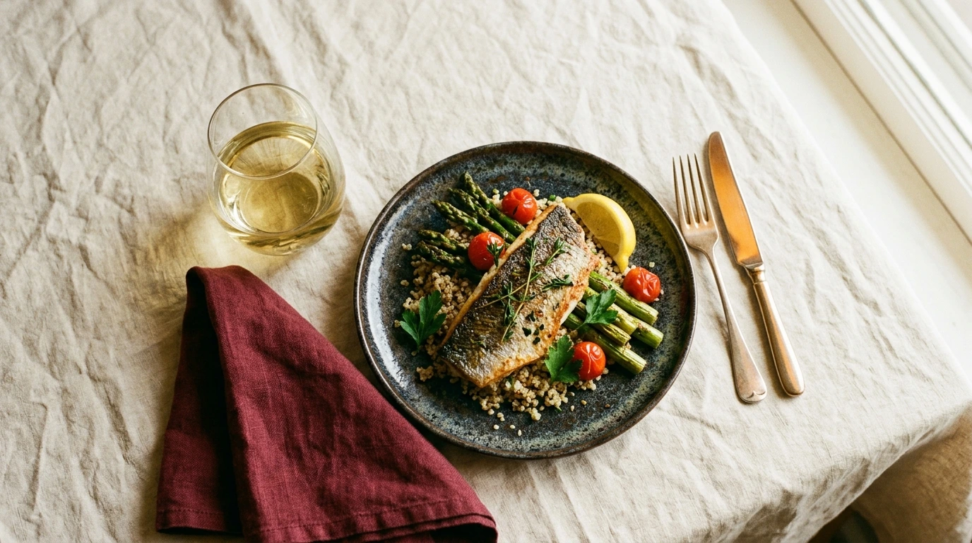 Plat gastronomique servi avec un verre de vin blanc