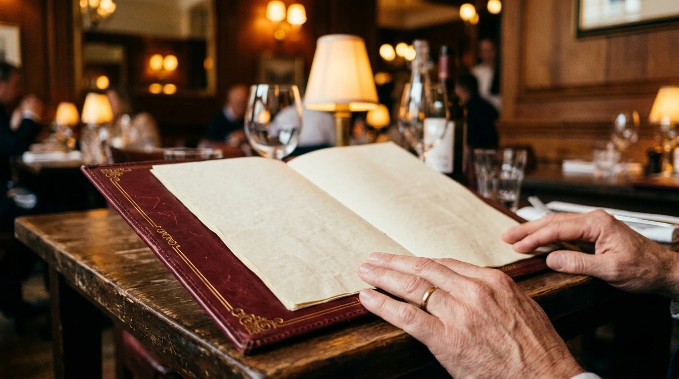 Carte des vins ouverte sur une table de restaurant