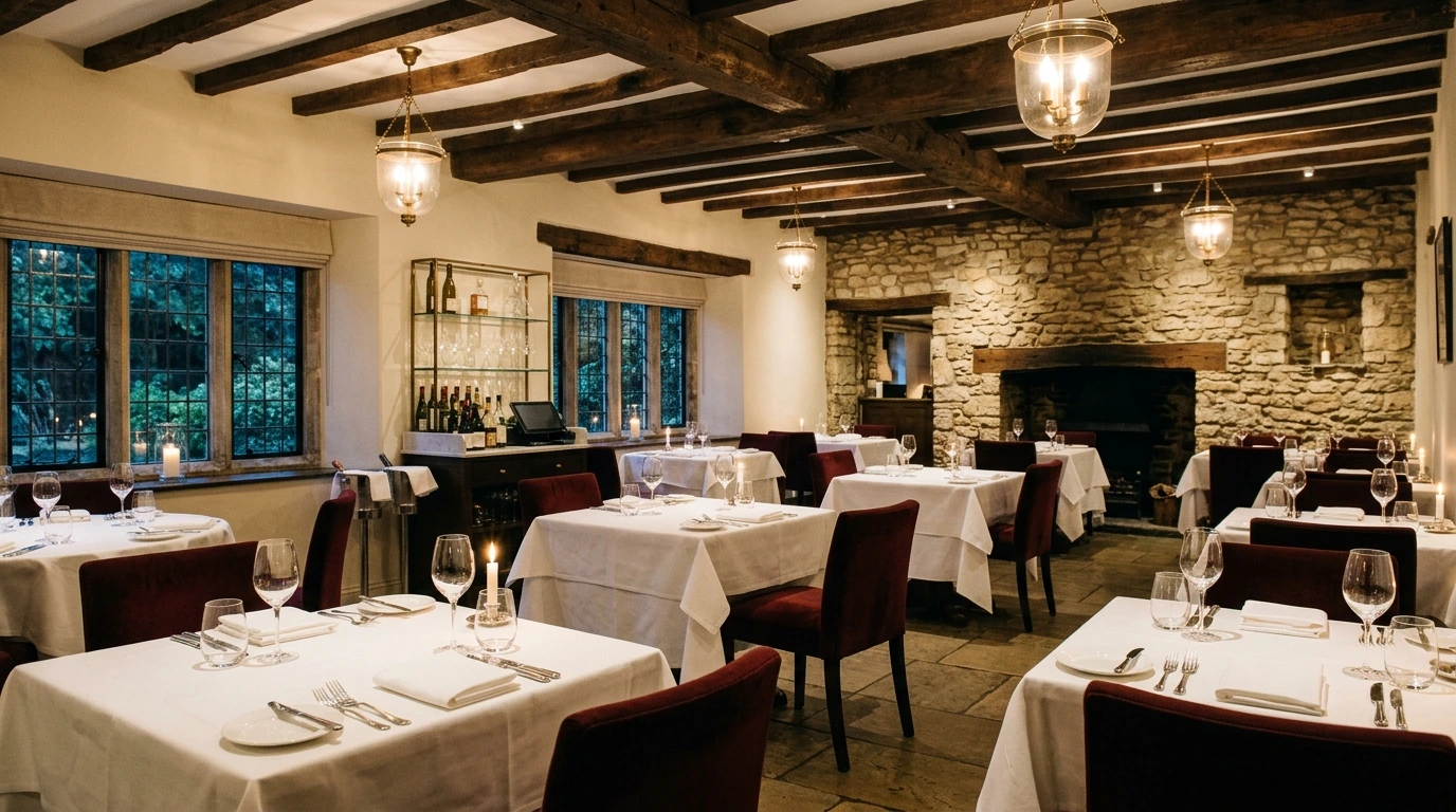 Salle d’un restaurant gastronomique alsacien dressée pour le service
