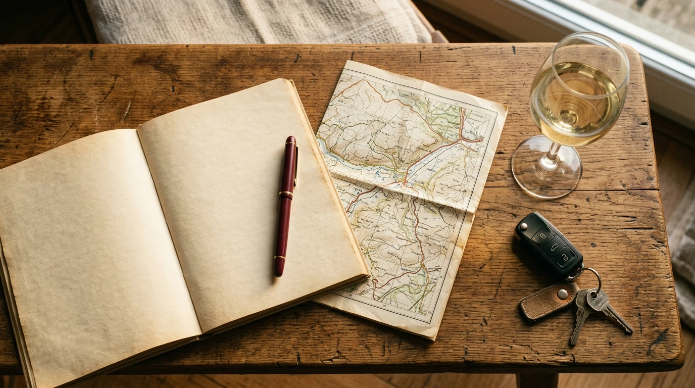 Carnet de route et carte du vignoble sur une table