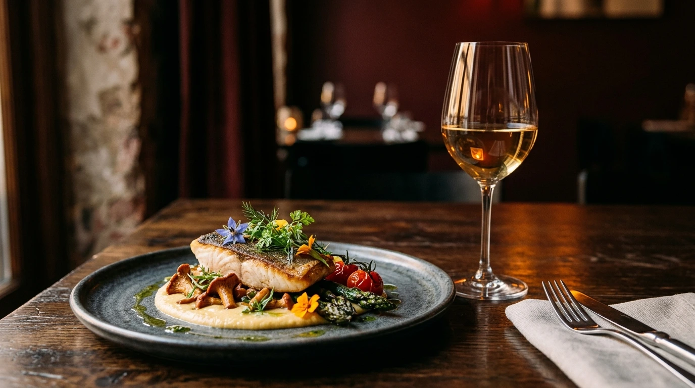 Assiette gastronomique et verre de vin blanc