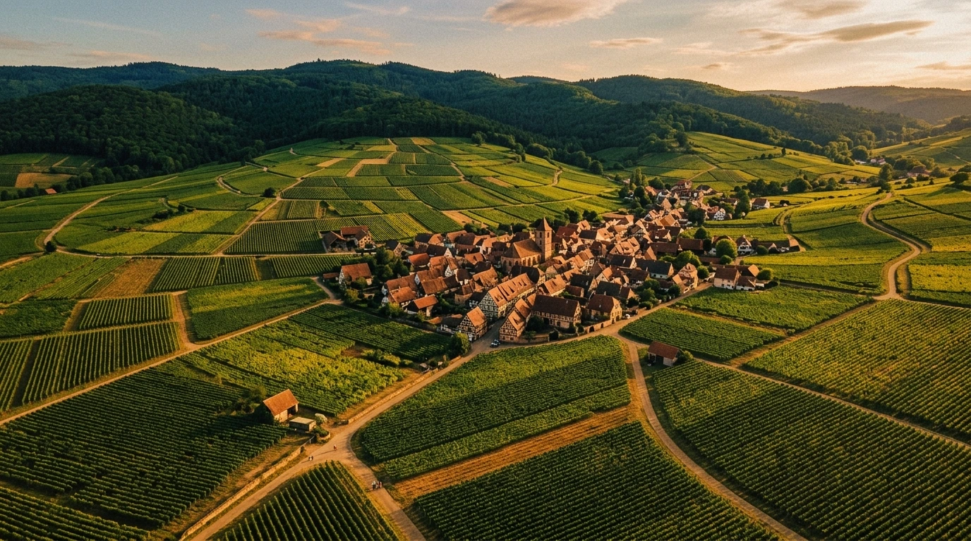 Vue aérienne des vignes et villages du vignoble alsacien