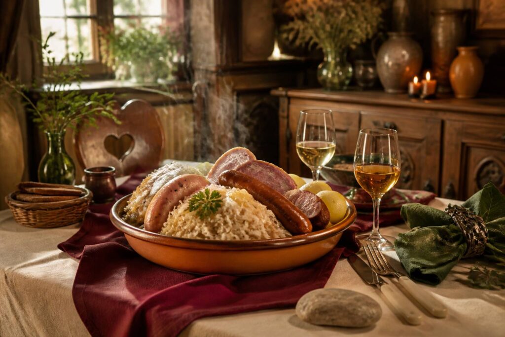 Table alsacienne avec choucroute garnie fumante et verres de Riesling et Gewurztraminer