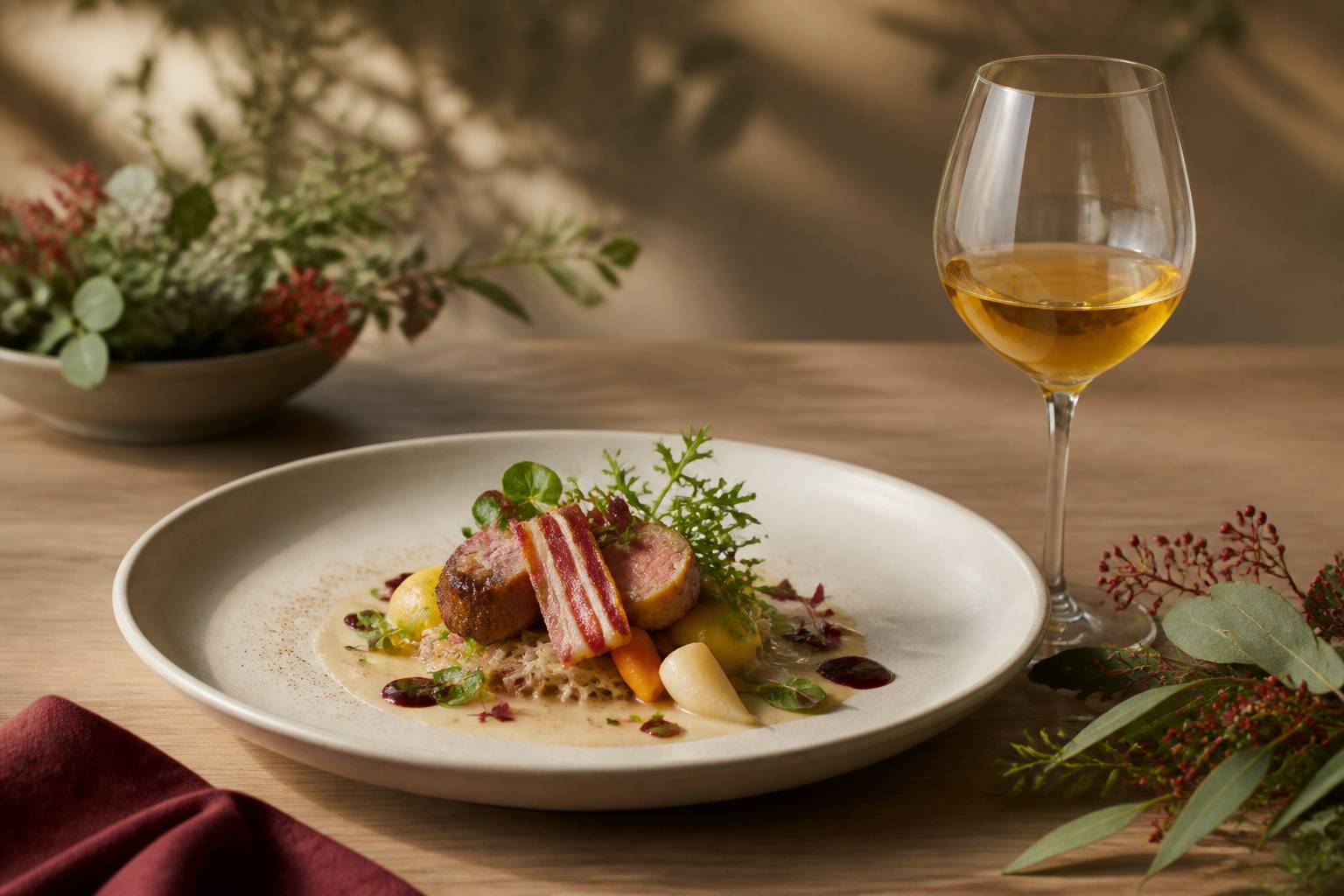 Assiette gastronomique dressée aux produits du terroir alsacien avec verre de vin blanc
