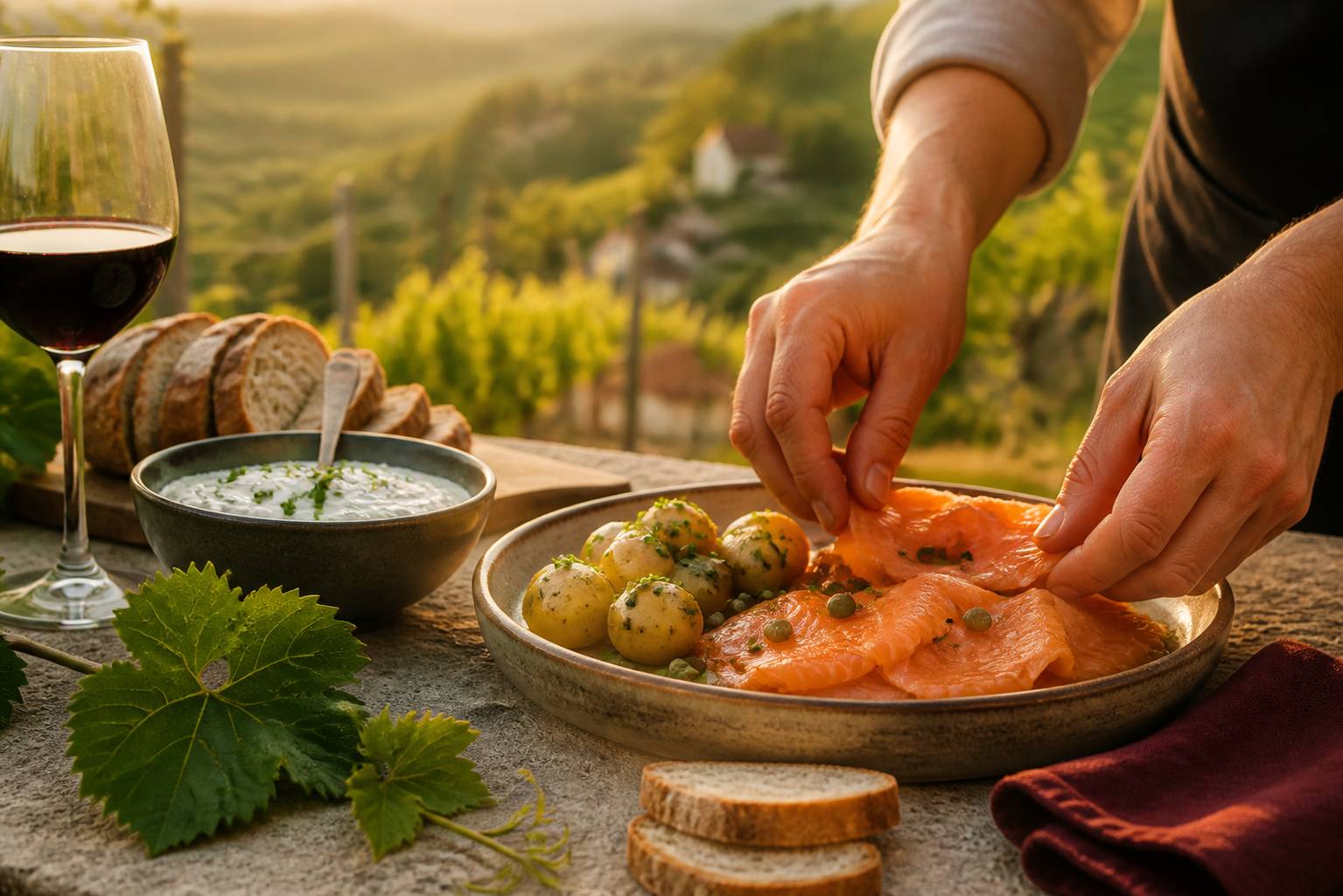 Mains dressant des tranches de saumon fumé sur un plateau