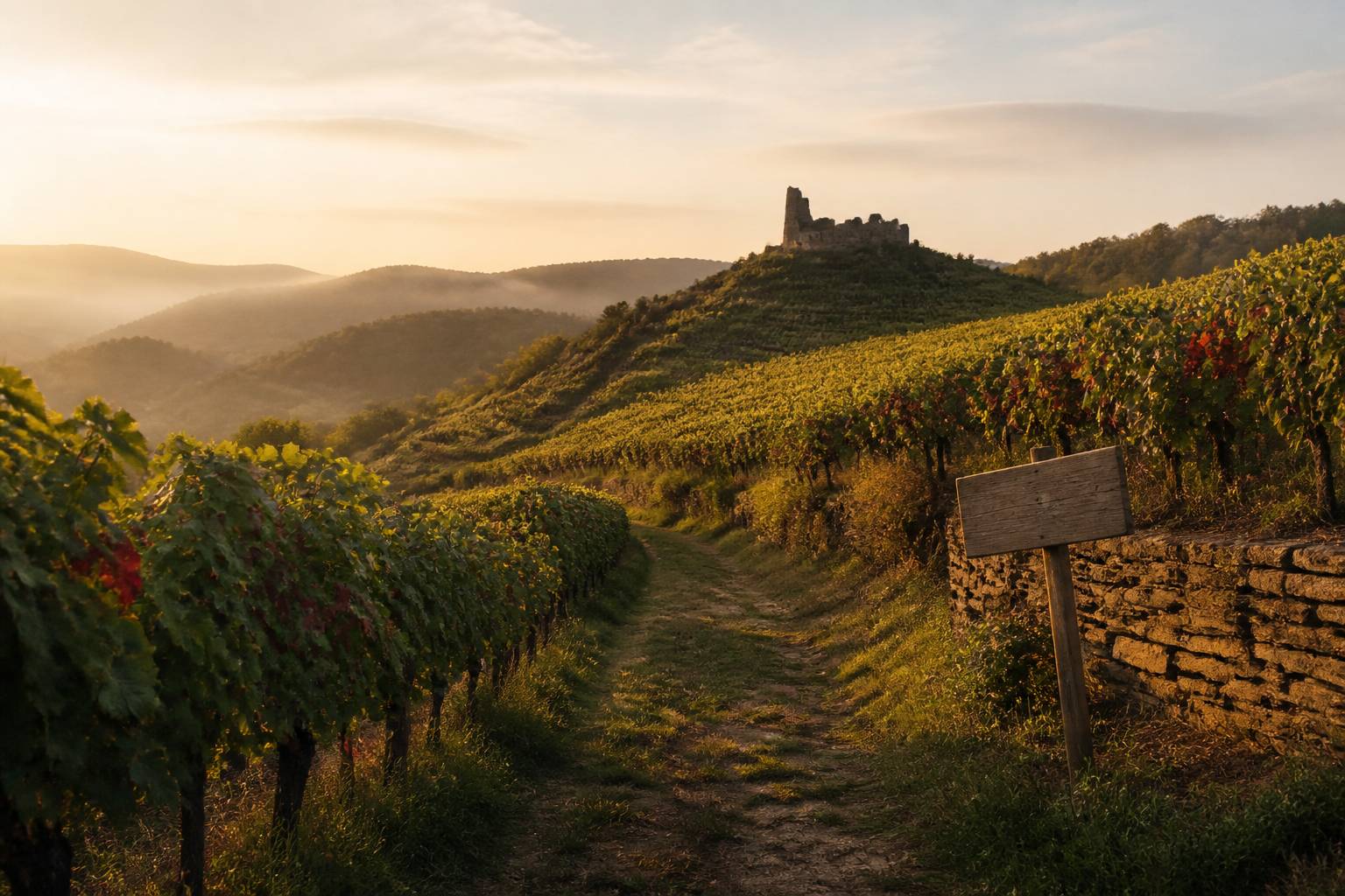Sentier de balade viticole entre les rangées de vigne sur un coteau avec château en ruine au loin