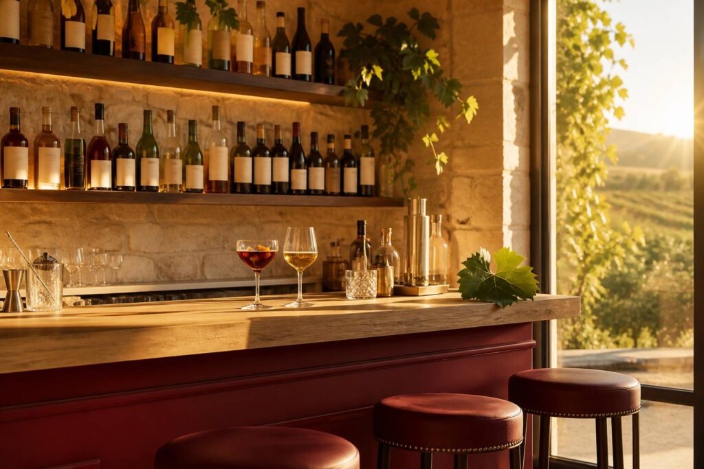 Comptoir de bar à cocktails en bois avec verres au coucher de soleil