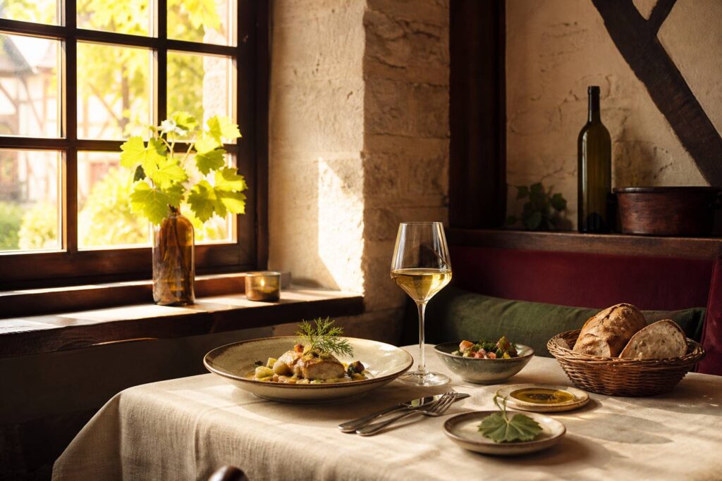 Table de bistrot alsacien avec plat maison et verre de vin