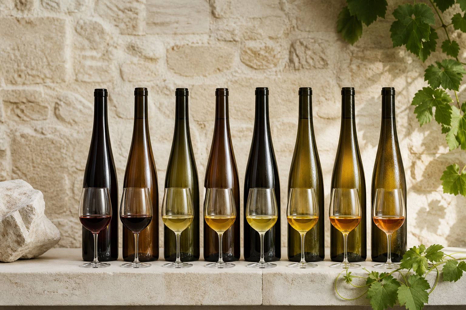 Rangée de bouteilles de vins alsaciens aux formes élancées avec verres alignés devant