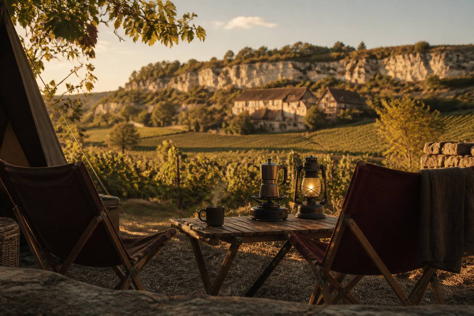 Coin de campement avec table en bois et chaises face aux vignes