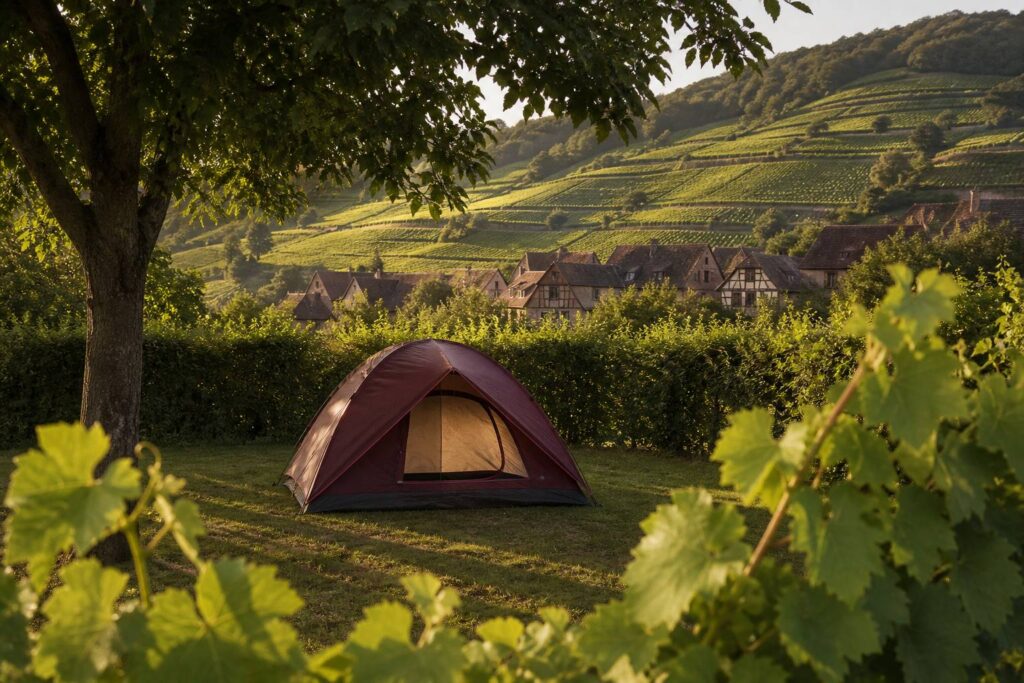 Tente de camping près des vignes en terrasse d'un village alsacien