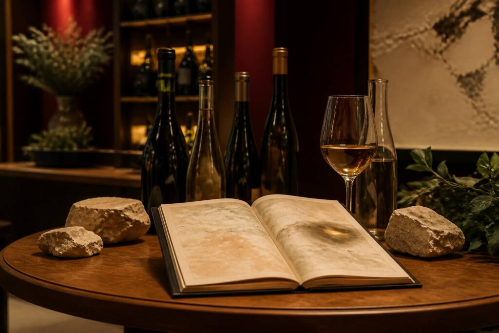Table de restaurant avec carte des vins ouverte, verre de vin blanc et bouteilles alsaciennes