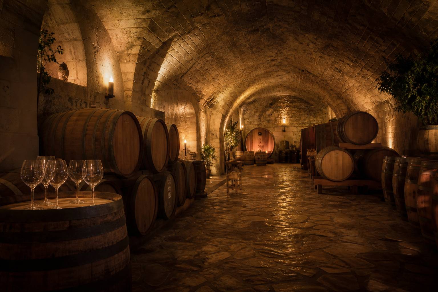 Cave de dégustation voûtée avec fûts et barriques en bois et verres posés sur un tonneau