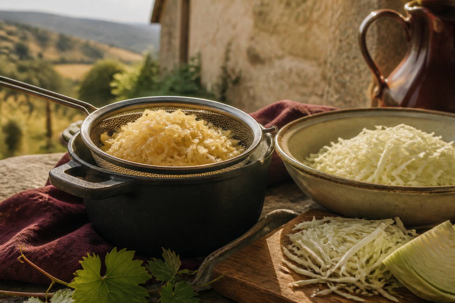 Chou fermenté en lanières dorées dans une passoire lors de la préparation de la choucroute