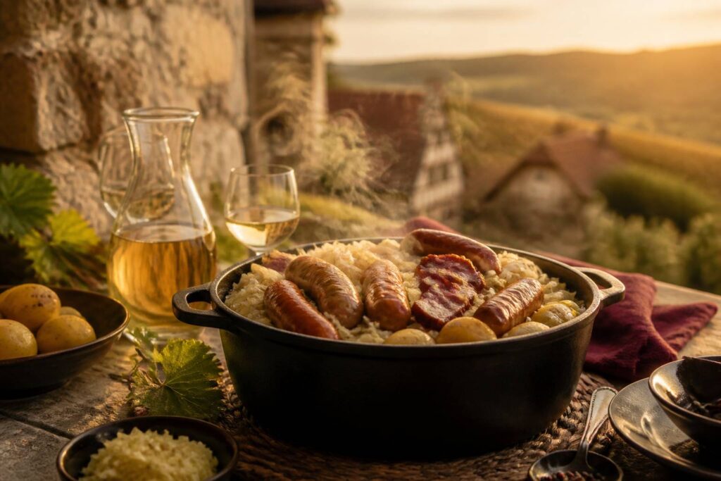 Choucroute garnie alsacienne fumante dans une cocotte avec charcuteries et pommes de terre