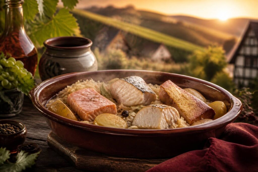 Plat de choucroute garnie de saumon, lotte et haddock fumé