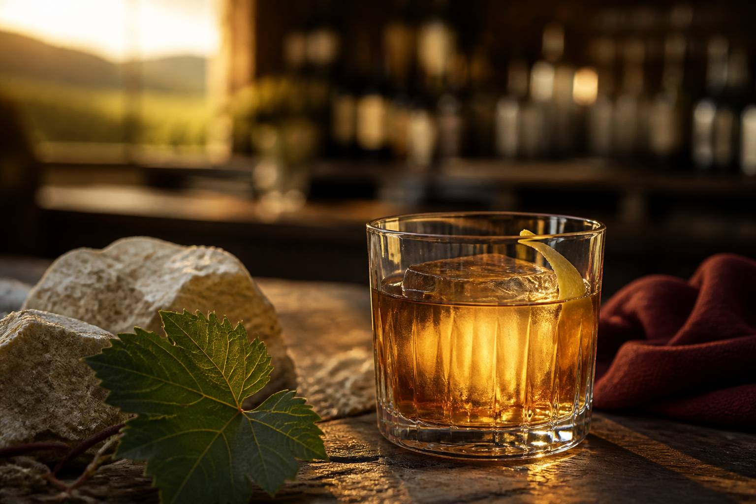 Cocktail ambré avec un grand glaçon posé sur un comptoir en bois
