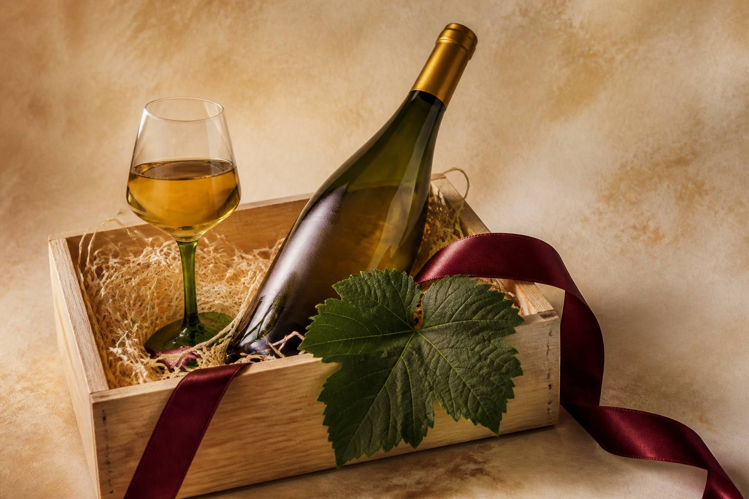 Détail de coffret cadeau avec bouteille de vin blanc et verre alsacien à pied vert