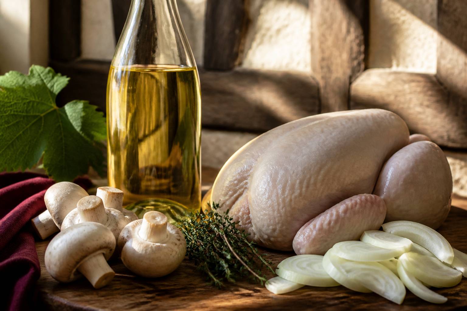 Ingrédients frais du coq au riesling sur une planche en bois