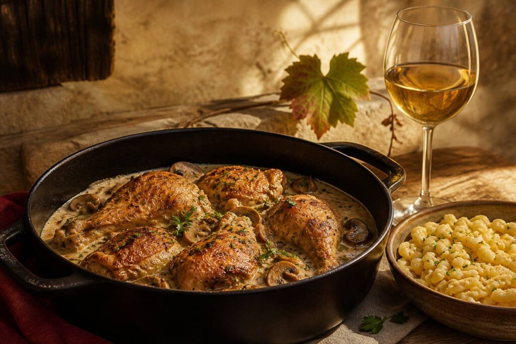 Coq au riesling en cocotte avec sauce crème aux champignons