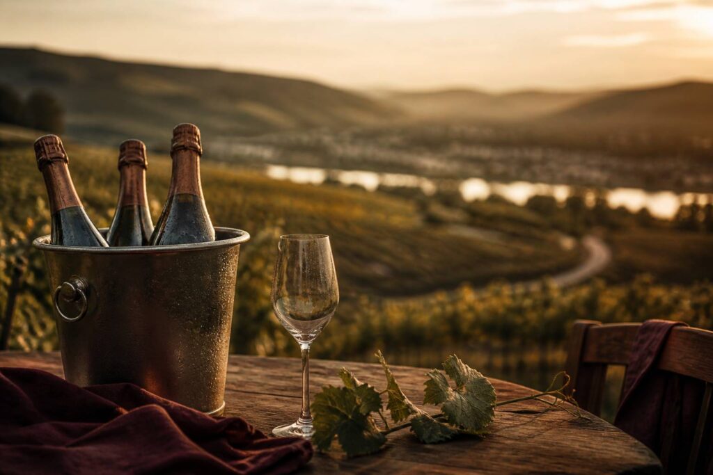 Bouteilles de crémant dans un seau à glace face au vignoble alsacien