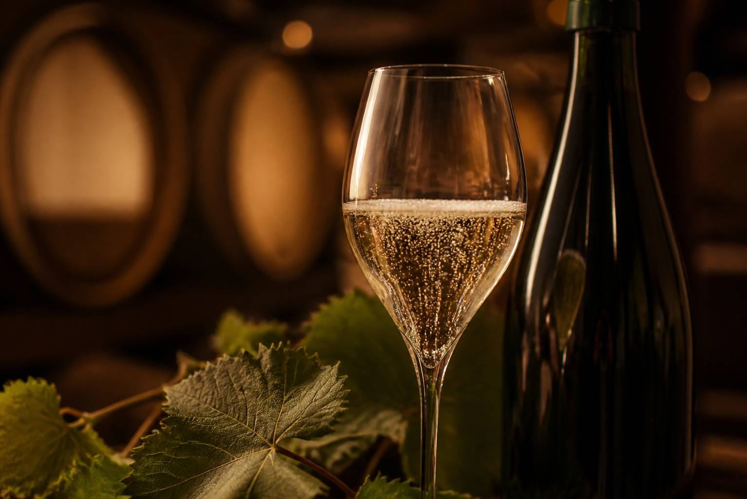 Verre tulipe de crémant aux fines bulles avec bouteille à côté