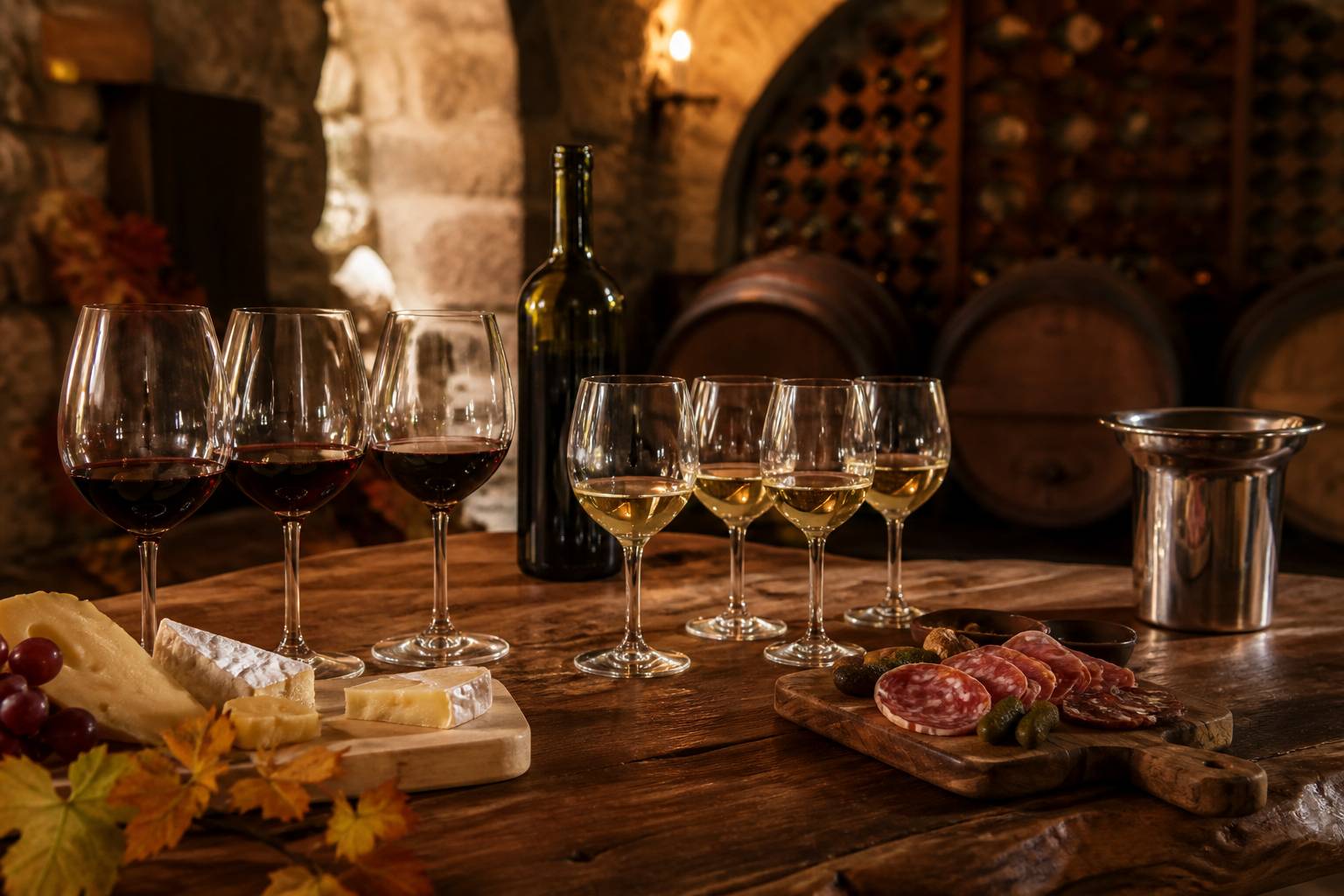 Comptoir de caveau avec verres de vin blanc et rouge, bouteille, charcuterie et fromage dans une lumière chaude
