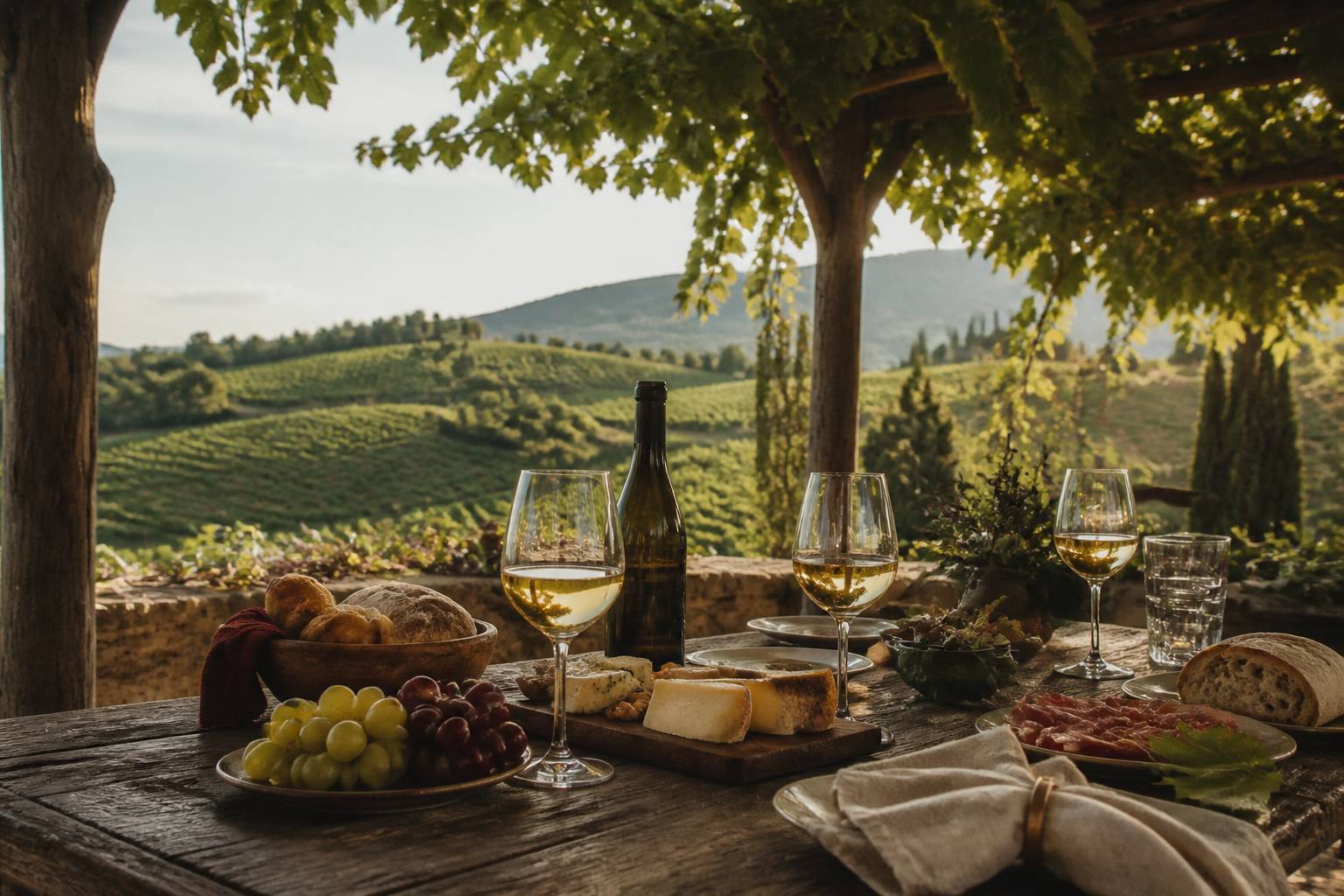 Étape de dégustation en plein air sous une tonnelle de vigne avec plateau de charcuterie