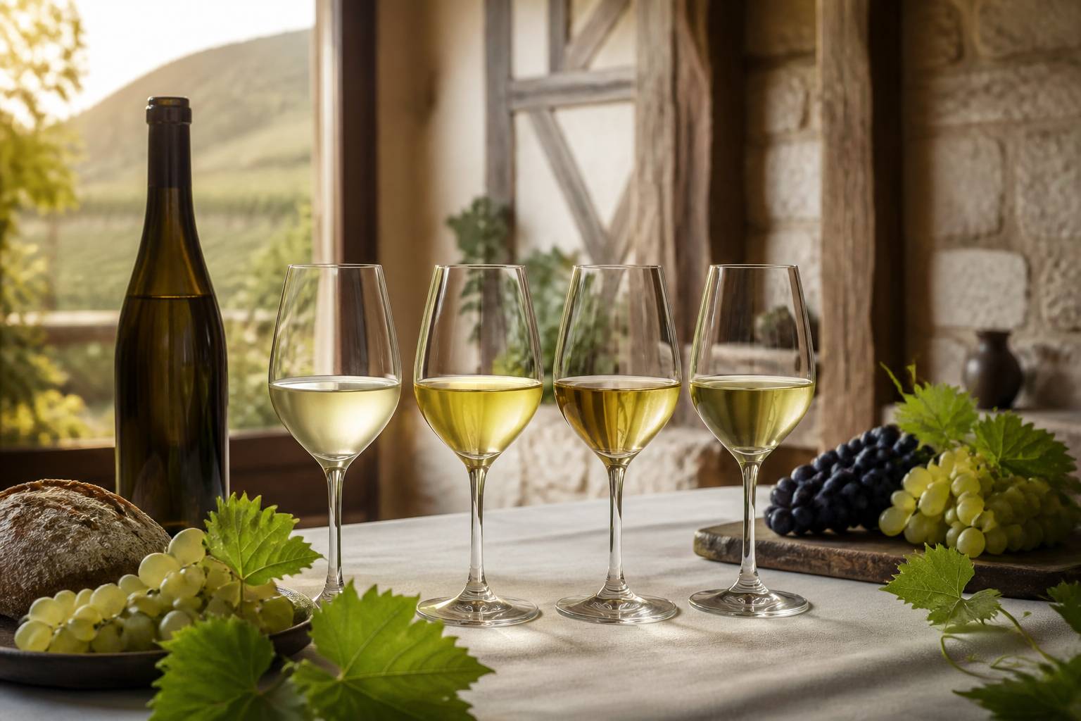 Quatre verres de vins d'Alsace alignés pour une dégustation