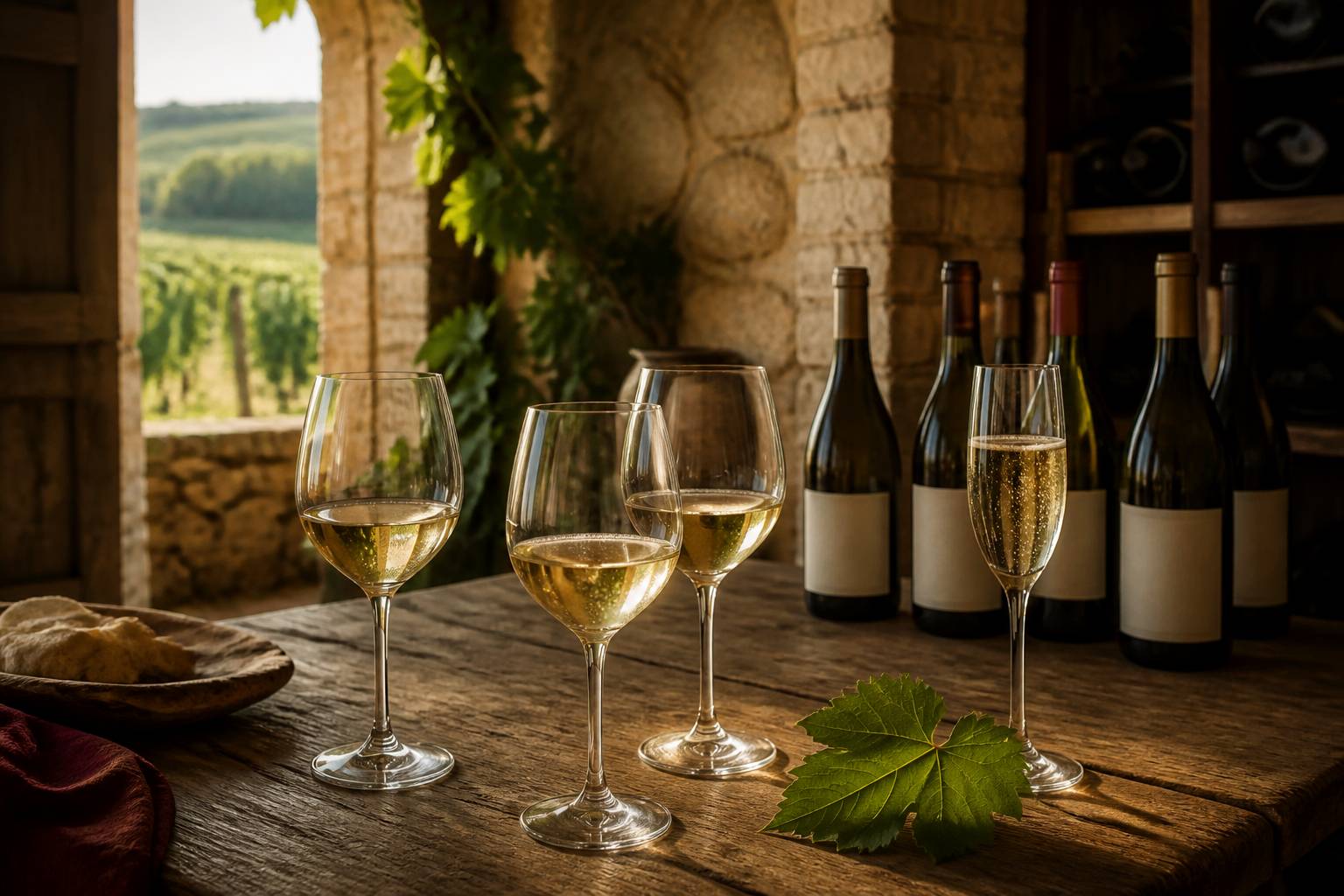 Verres de vin d'Alsace sur une table en bois dans une cave