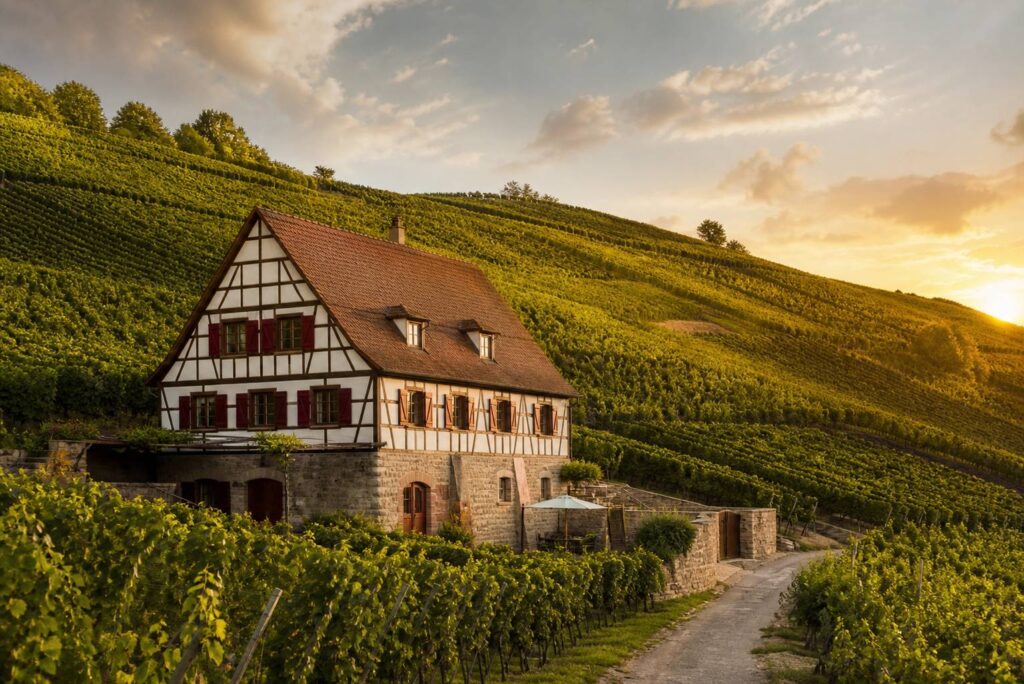Domaine viticole alsacien avec maison à colombages au milieu des vignes en pente au soleil couchant