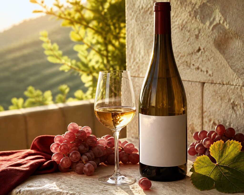 Verre de vin blanc doré avec grappes de raisin rose
