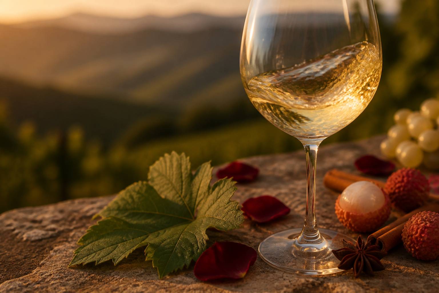 Verre de vin blanc avec pétales de rose, litchis et épices