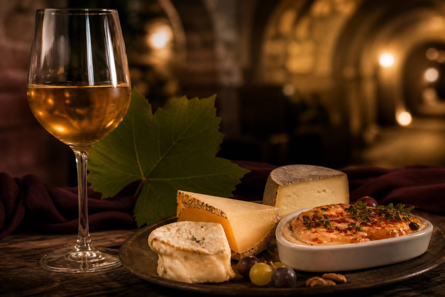 Verre de Gewurztraminer doré accompagné de fromages alsaciens et d'un plat épicé