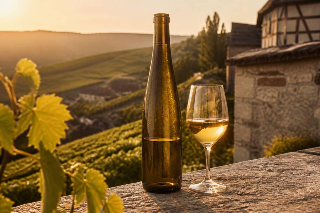 Bouteille de vin blanc et verre sur une table en pierre face aux coteaux