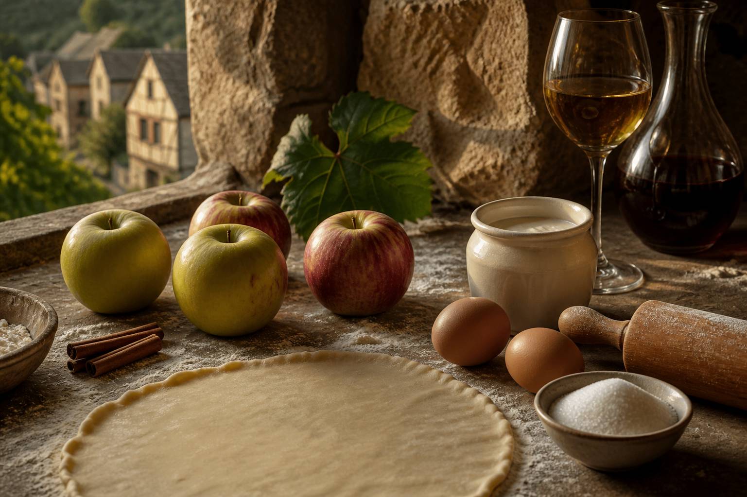 Ingrédients de la tarte alsacienne : pommes, œufs, crème et pâte brisée