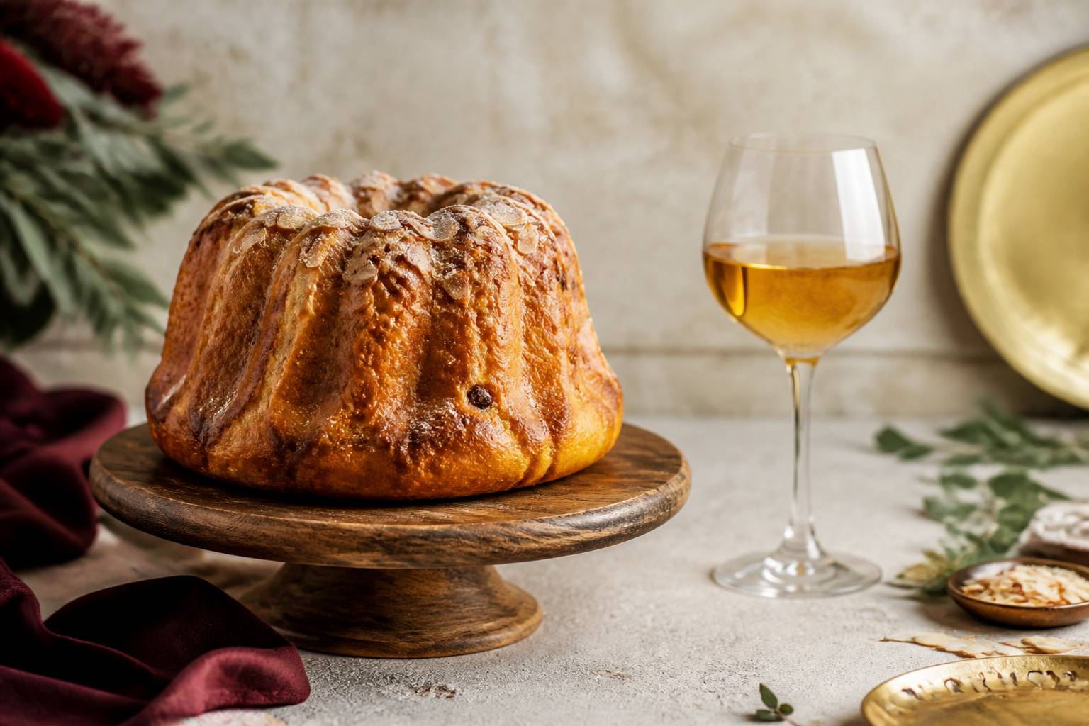 Kougelhopf doré aux amandes sur présentoir en bois avec verre de vin blanc doux