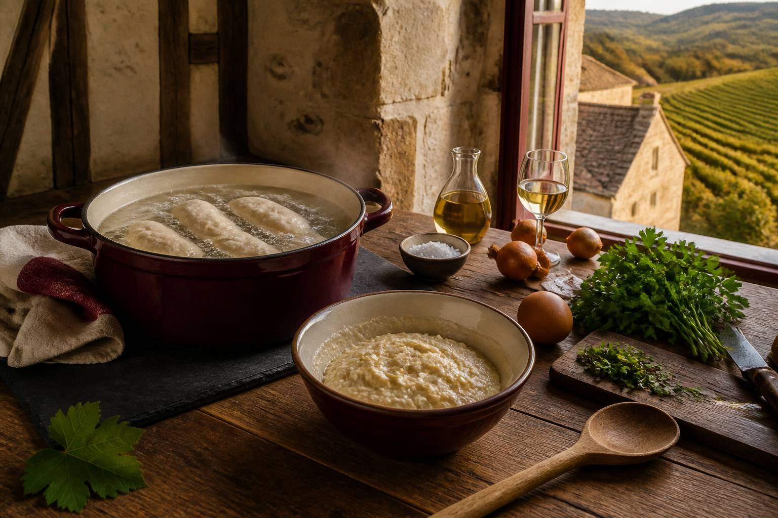 Quenelles de foie pochées dans une casserole avec pâte crue et persil sur un plan de travail