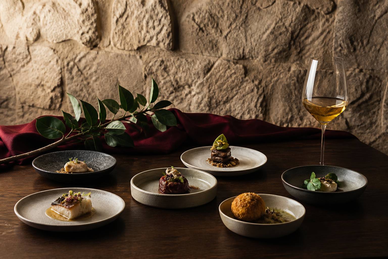 Menu dégustation dressé avec petites assiettes raffinées alignées et verre de vin blanc
