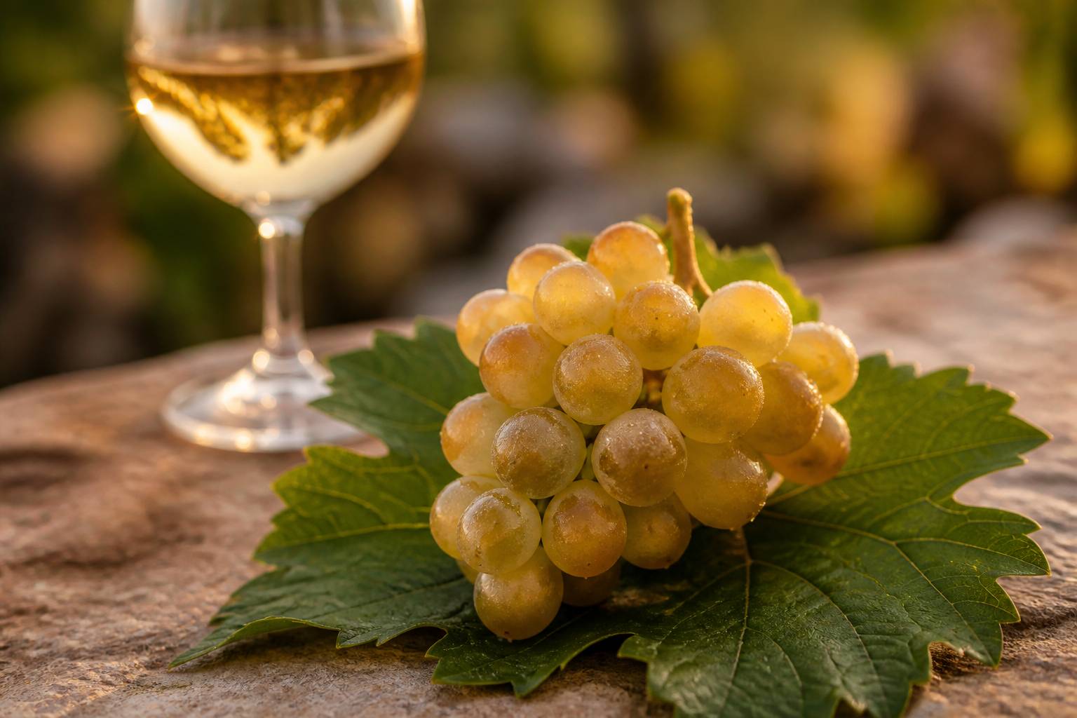 Gros plan de grappe de raisin muscat frais sur feuille de vigne avec verre de vin blanc en fond