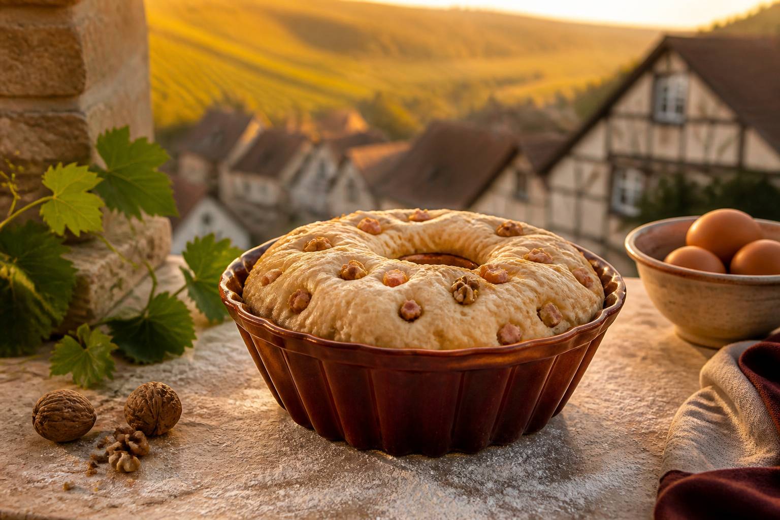 Pâte de kougelhopf salé en moule cannelé avec lardons et noix