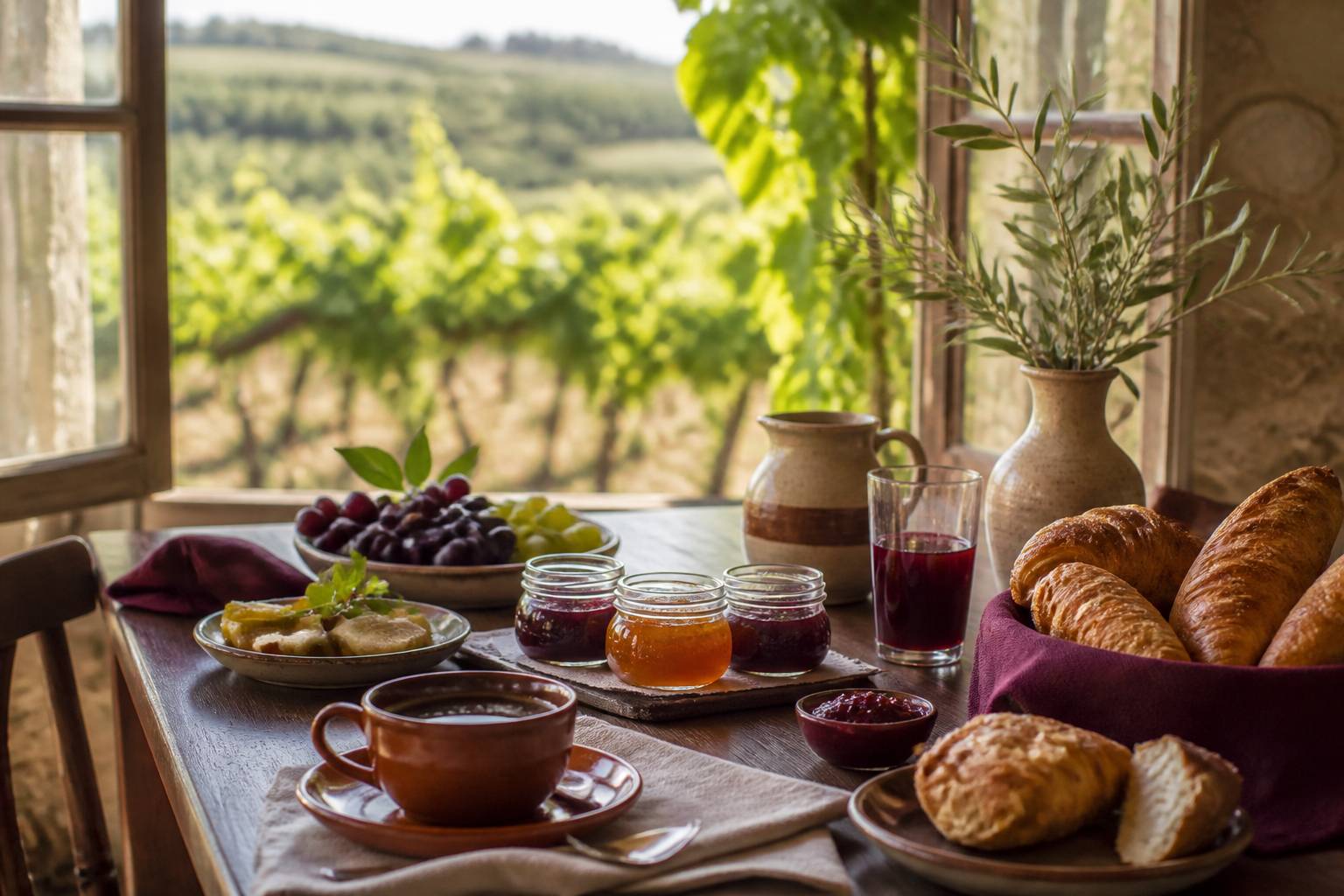 Table de petit-déjeuner de chambre d'hôtes avec viennoiseries et vue sur les vignes
