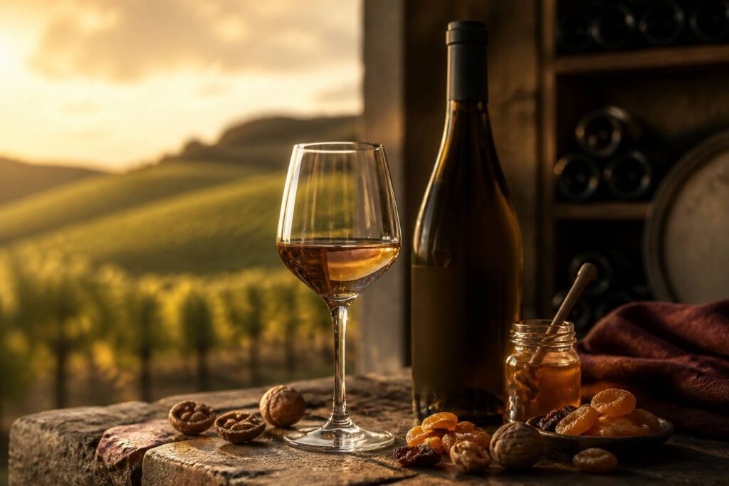 Verre de Pinot gris ambré aux reflets cuivrés avec pot de miel, fruits confits et noix