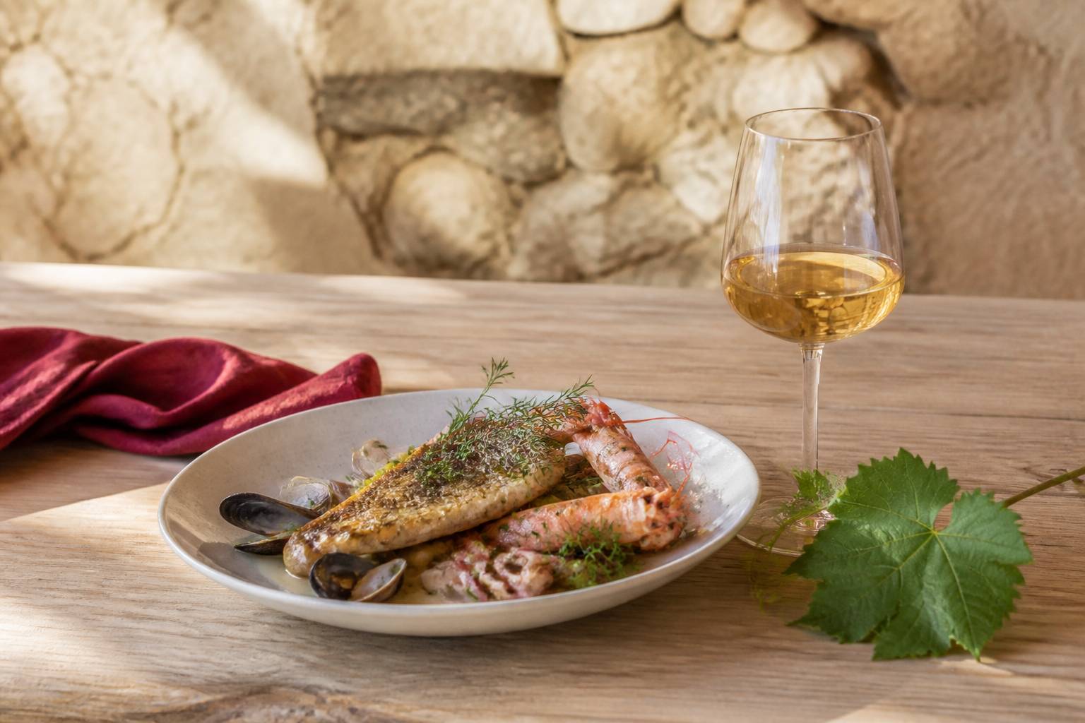 Assiette de poisson et fruits de mer accompagnée d'un verre de Pinot gris ambré