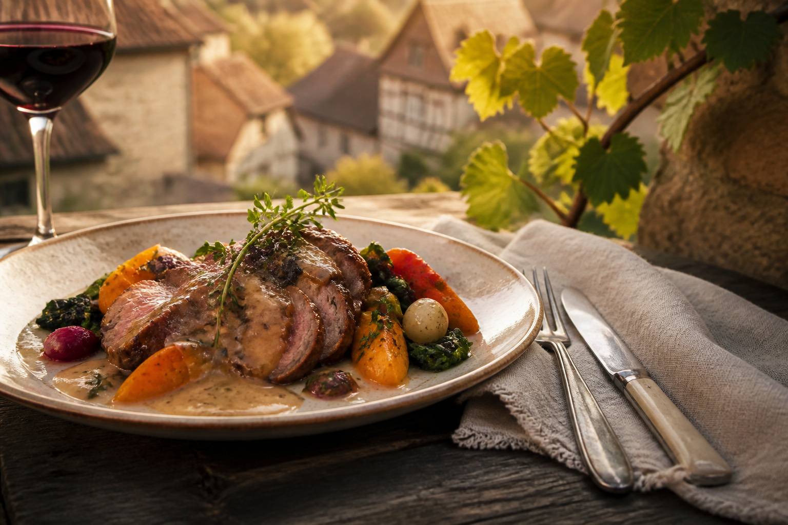 Plat français maison avec sauce et légumes de saison