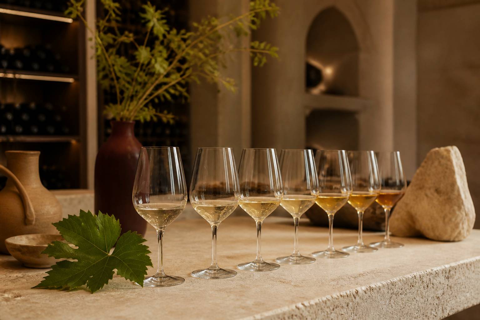 Plateau de dégustation avec rangée de verres de vins blancs du pâle au doré ambré