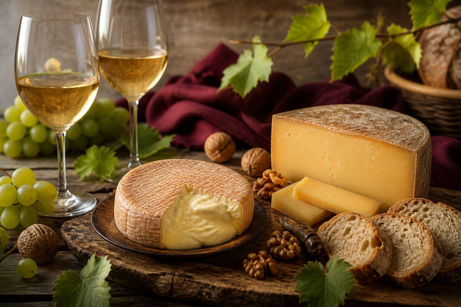 Plateau de fromages alsaciens accompagné de deux verres de vins blancs, noix et pain